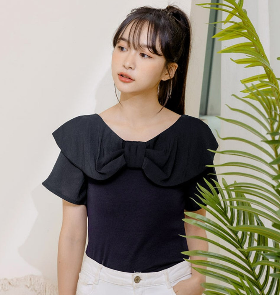 Cute Bow Ribbon Collar Short Sleeve Blouse Top