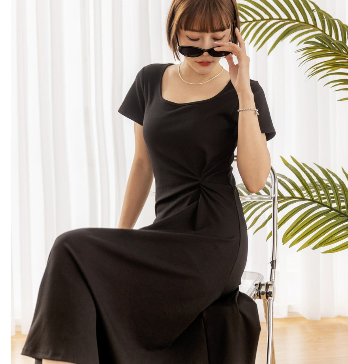 Basic Solid Square Neck Long Maxi Summer Swing Dress