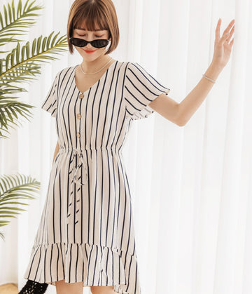 Casual Korean Stripe Cotton Drawstring Summer Dress