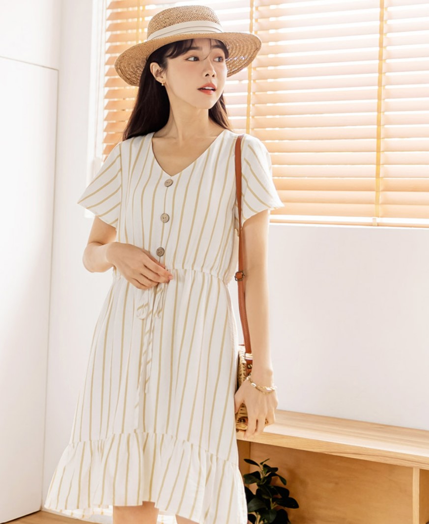 Casual Korean Stripe Cotton Drawstring Summer Dress