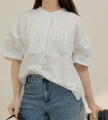 Korean Wrinkle Free Pleated Puff Sleeve Long Shirt Top