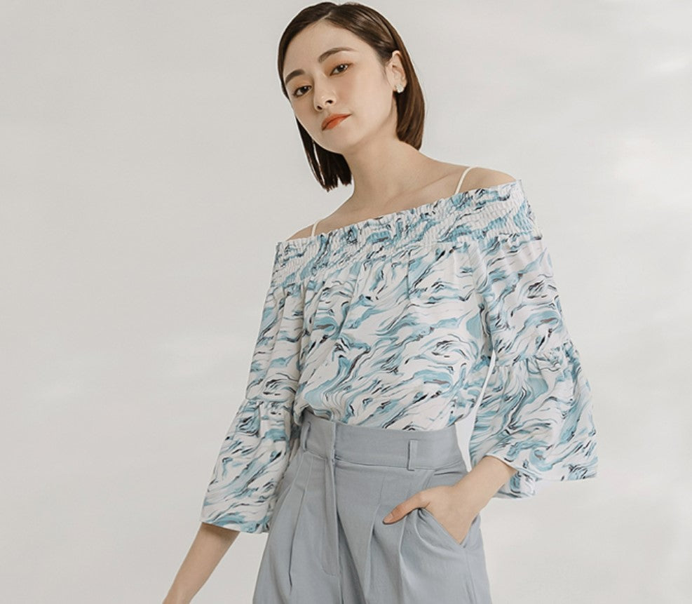 Korean Cooling Waves Print Chiffon Off Shoulder Blouse Top