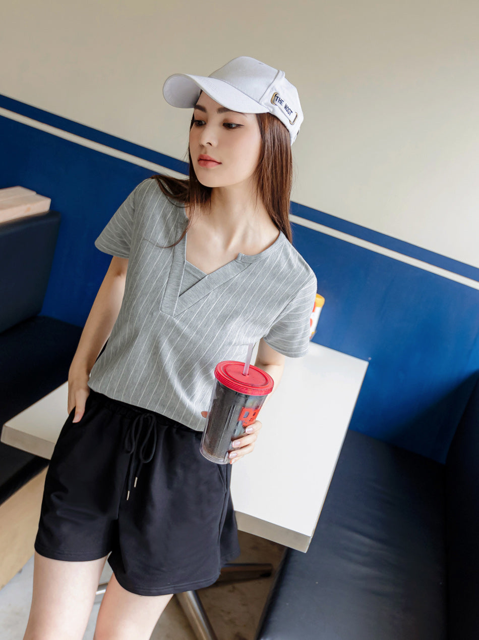 Casual Long V-Neck Vertical Stripe Short Sleeve Top