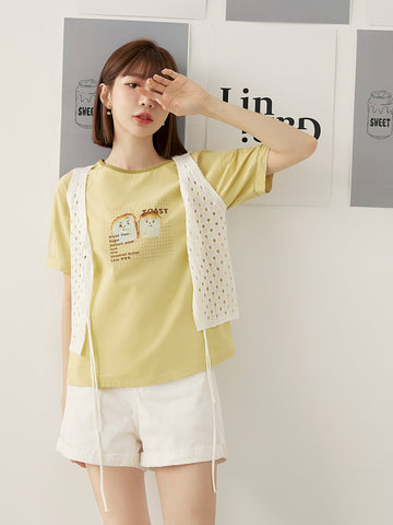 Coffee Shop Family - Cotton Collar Toast Puff Sleeve Top