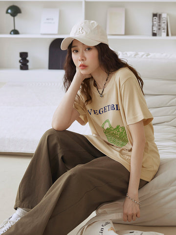 Casual Picnic Veggie Basket Print Short-Sleeve Loose Top