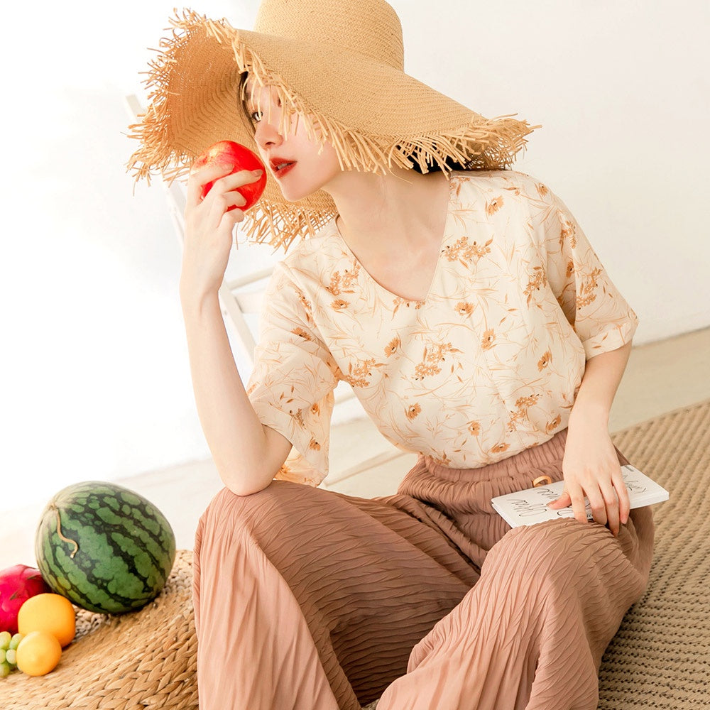 Cool Chiffon Print V-Neck Short Sleeve Top
