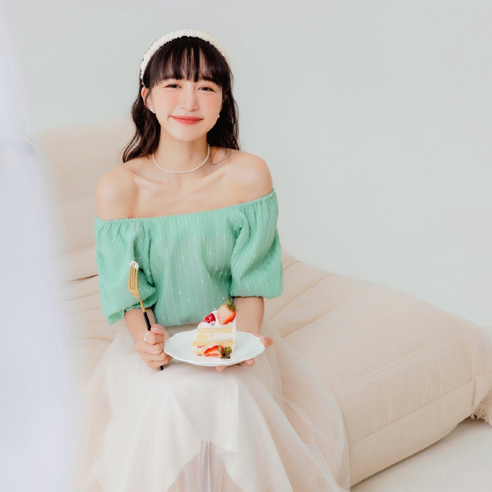 Square Neck Off-Shoulder Sheer Puff Sleeve Top