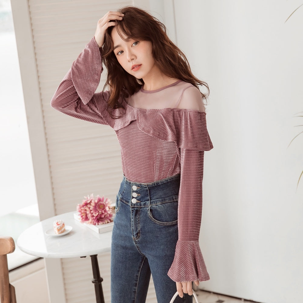Party Sheer Mesh Shinny Ruffled Top  AB13840