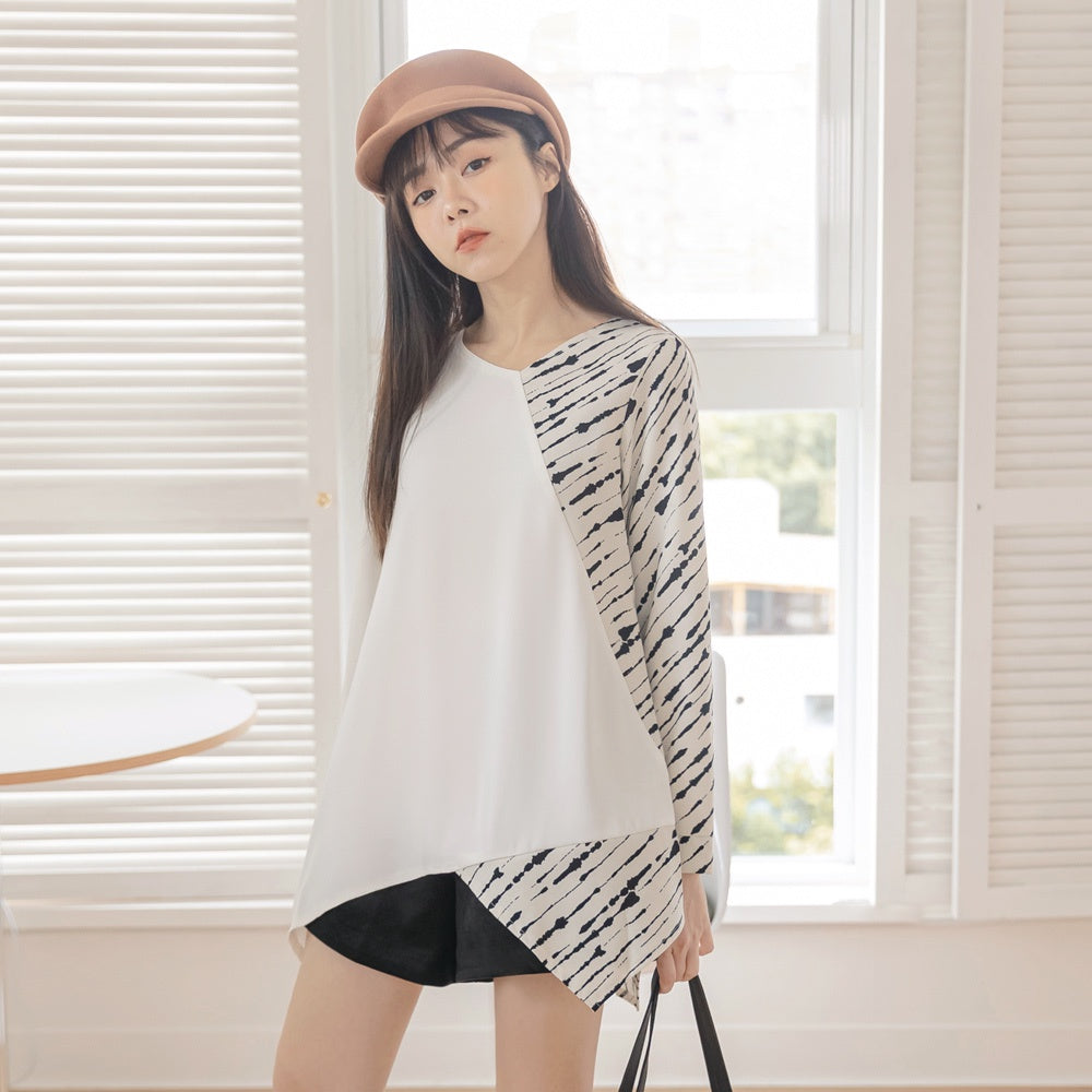 Long Asymmetric Print Patchwork Back Button Long Sleeve  AB16779