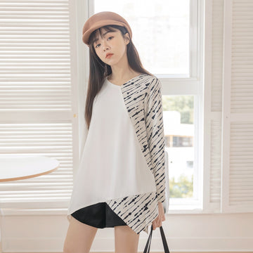 Long Asymmetric Print Patchwork Back Button Long Sleeve  AB16779
