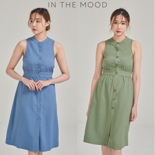 IN THE MOOD SLEEVELESS BUTTONED PLAIN MIDI DRESS