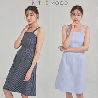 IN THE MOOD SLEEVELESS STRAP BUTTONED STRIPED MIDI DRESS