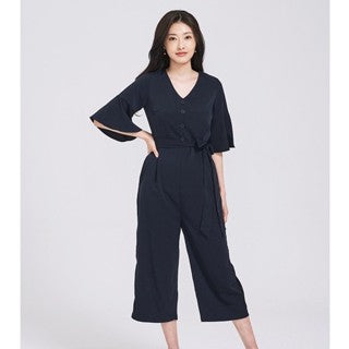 IN THE MOOD HOLIDAYS V-NECK RUFFLE SLEEVE BOW WAIST BUTTON JUMPSUITS