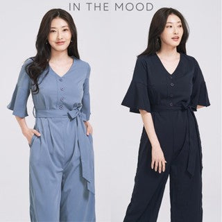 IN THE MOOD HOLIDAYS V-NECK RUFFLE SLEEVE BOW WAIST BUTTON JUMPSUITS