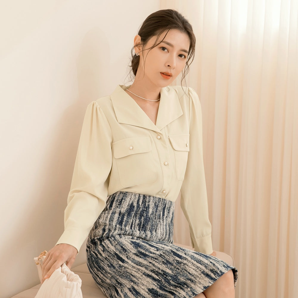 French Pearl Button Pocket Pleated Sleeve Chiffon Top