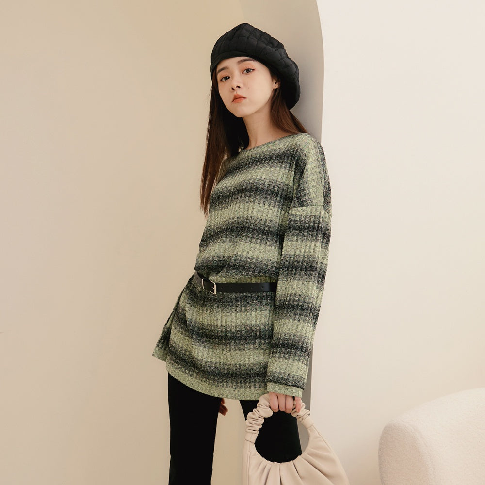 Stripe Waist Tie Drop Shoulder Knit Long Top