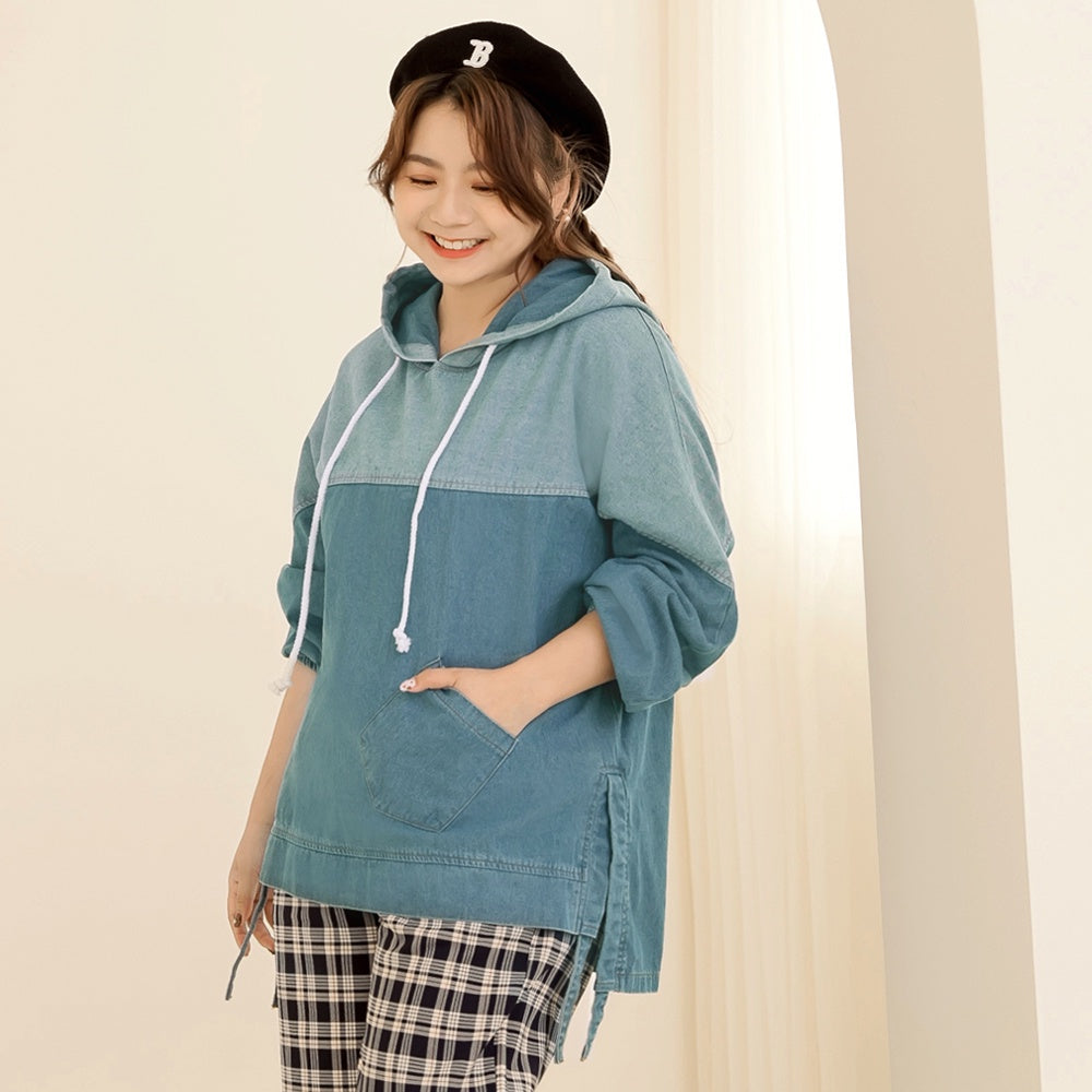 Trendy Color Block Denim Hoodie Top