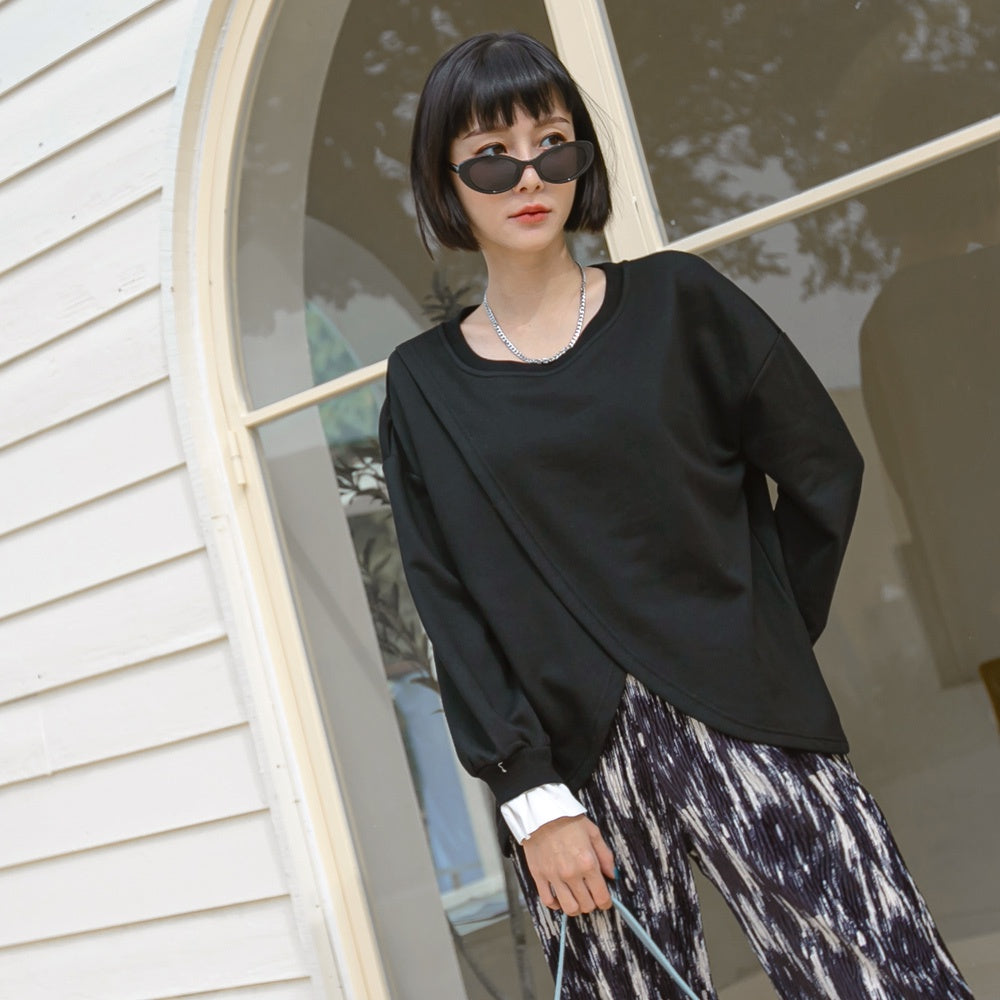 Faux Two-Piece Round Neck Long Crisscross Sweatshirt AB16629