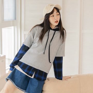 Plaid Faux Two-Piece Loose Fit Hooded Sweatshirt