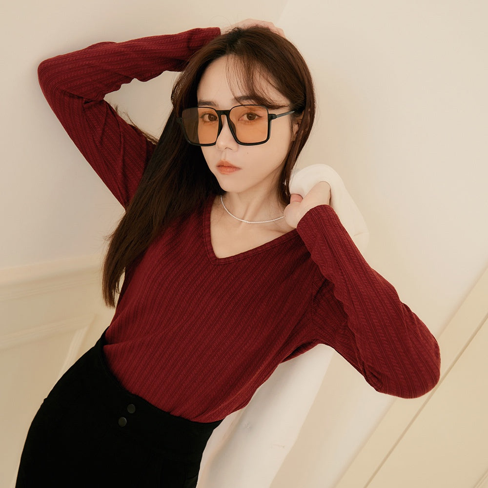 Casual V-Neck Knit Long Sleeve Top