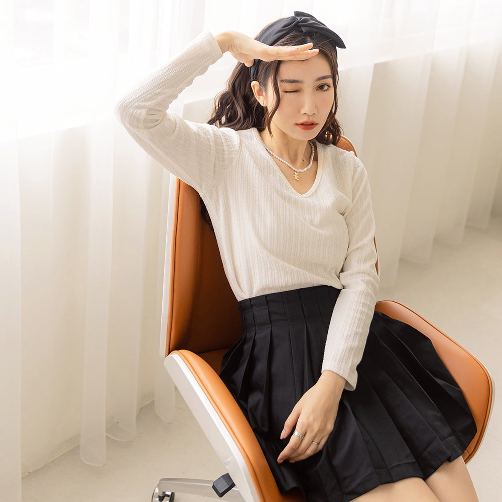 Casual V-Neck Knit Long Sleeve Top