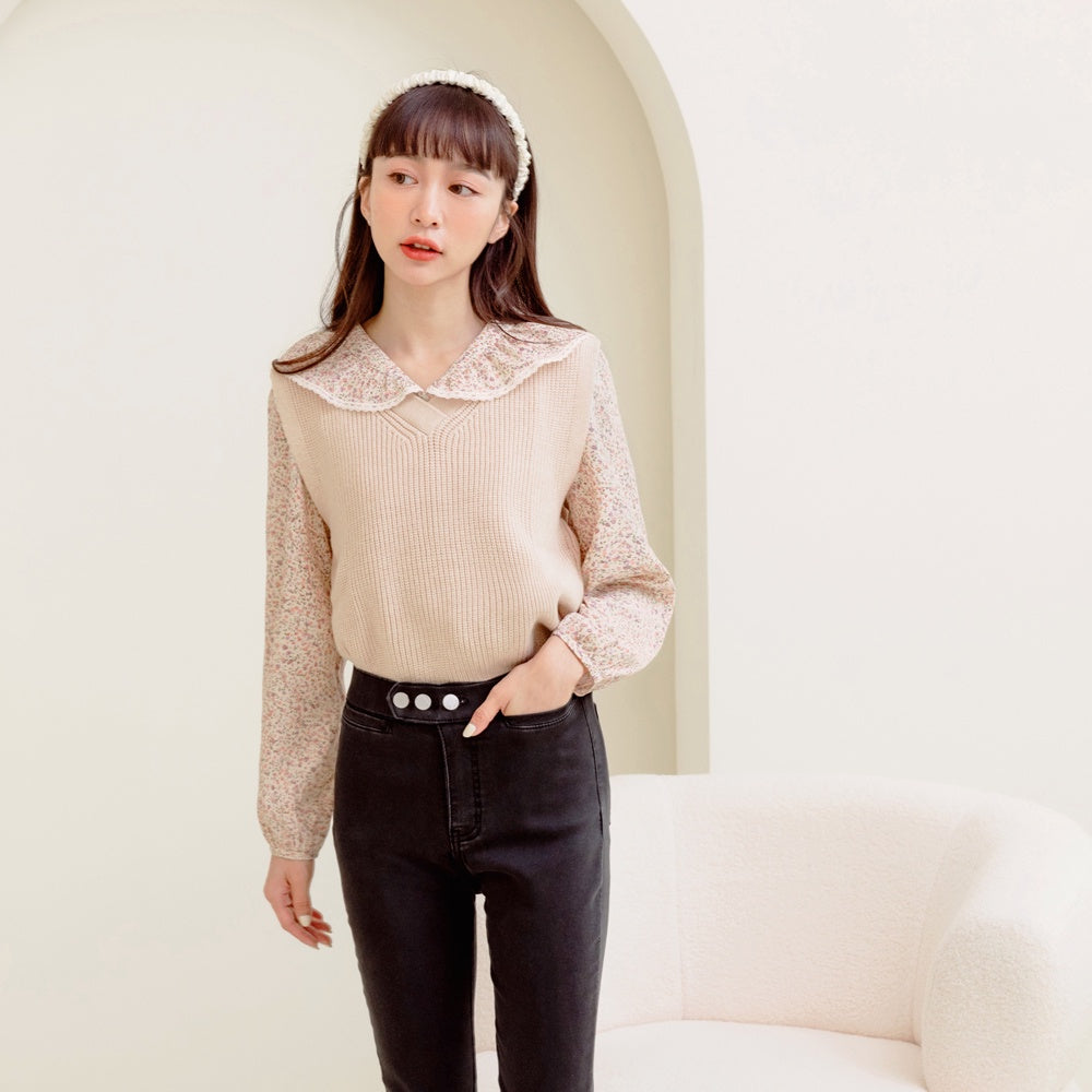 V-Neck Floral Ruffle Collar Puff Sleeve Top