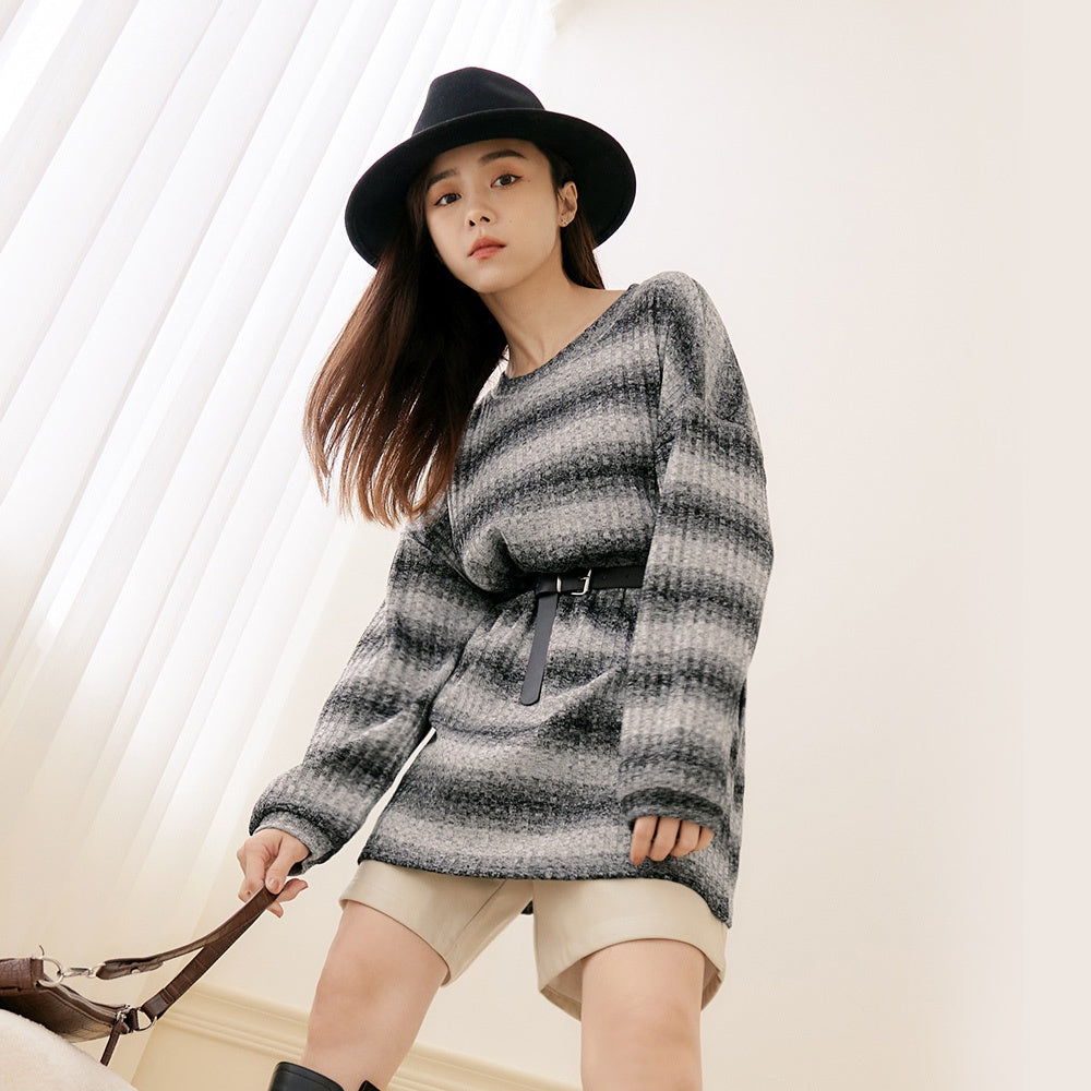 Stripe Waist Tie Drop Shoulder Knit Long Top