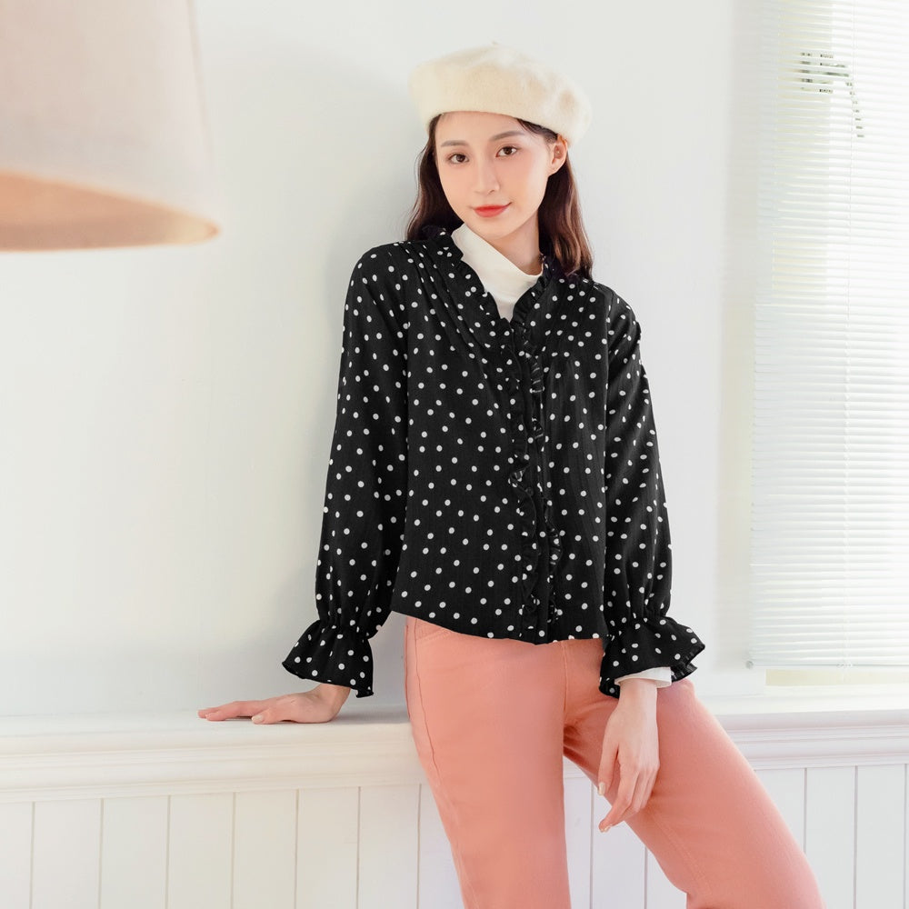 V-Neck Polka Dot Ruffle Stripe Cardigan Top