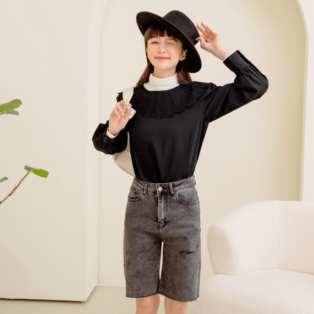 Eyelet Lace Embroidered Collar Puff Sleeve Top