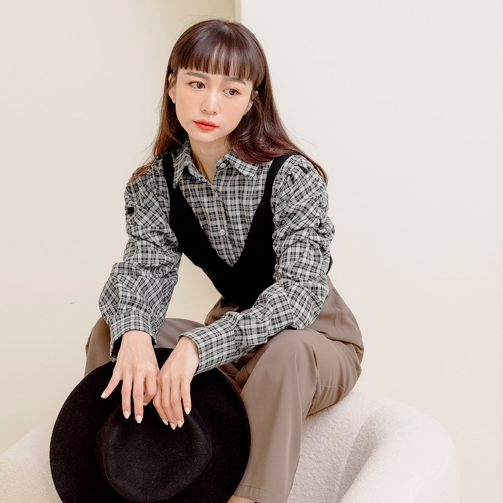 Two-Piece Plaid Puff Sleeve Shirt Knit Vest Set