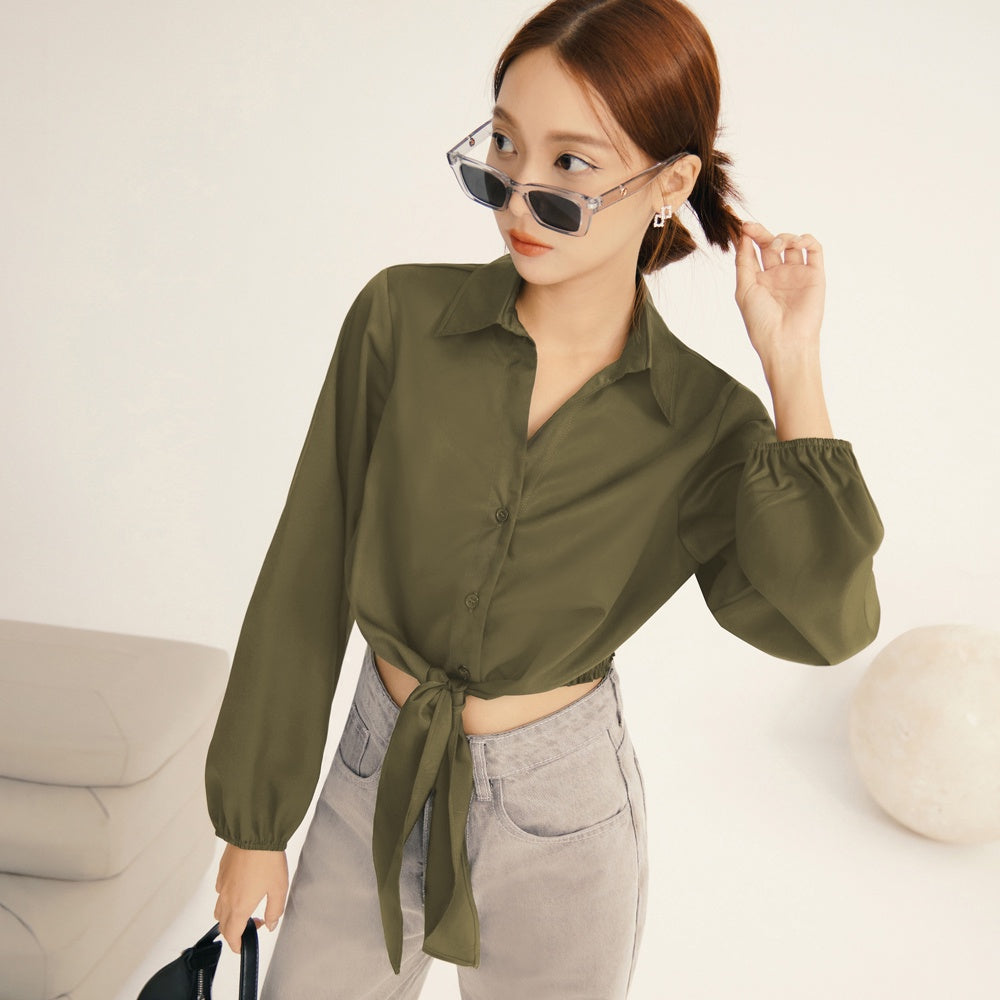 Cropped Chiffon Tie Collar Shirt Top