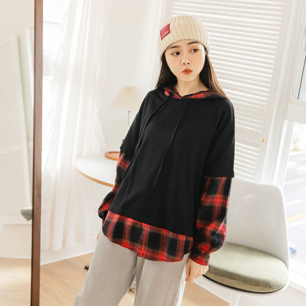 Plaid Faux Two-Piece Loose Fit Hooded Sweatshirt