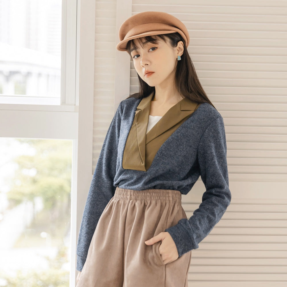 Faux Two-Piece Woolen Patchwork Blazer Collar Long Sleeve  AB16778