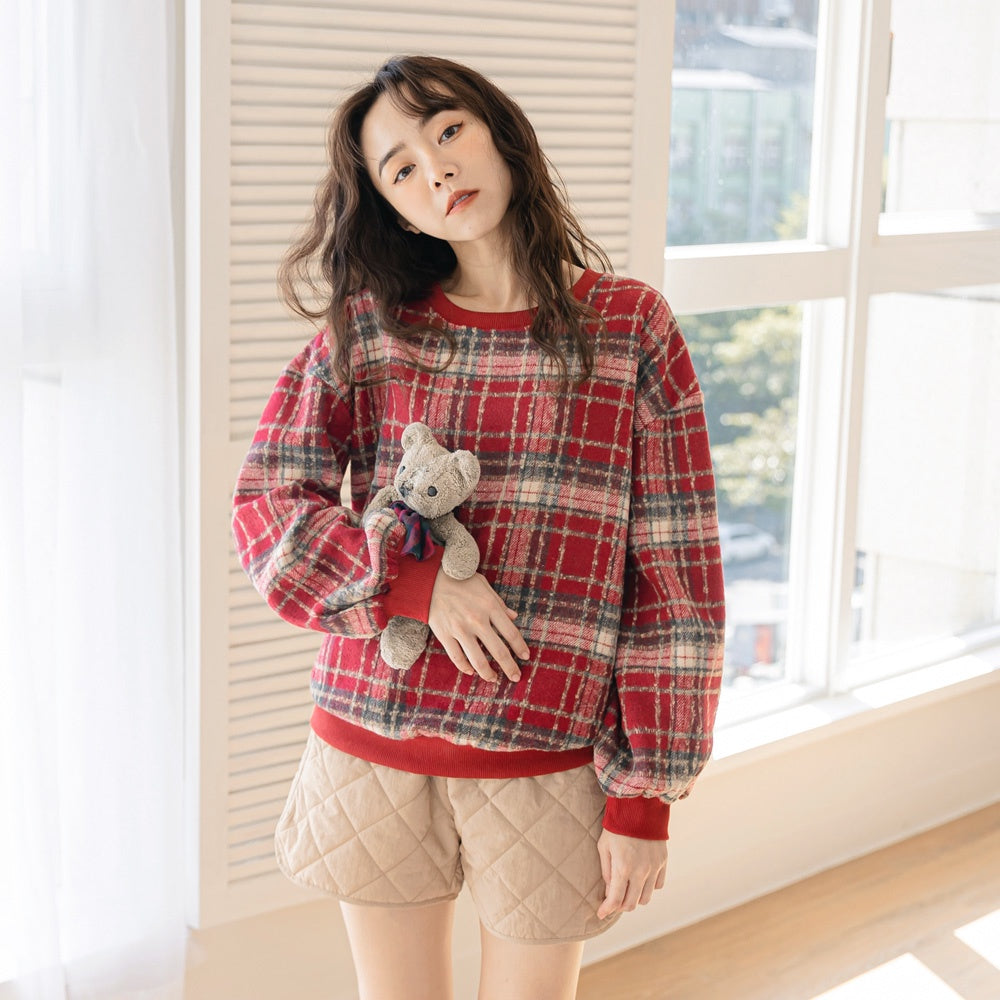 Loose Fit Warm Woolen Plaid Drop Shoulder Sweatshirt