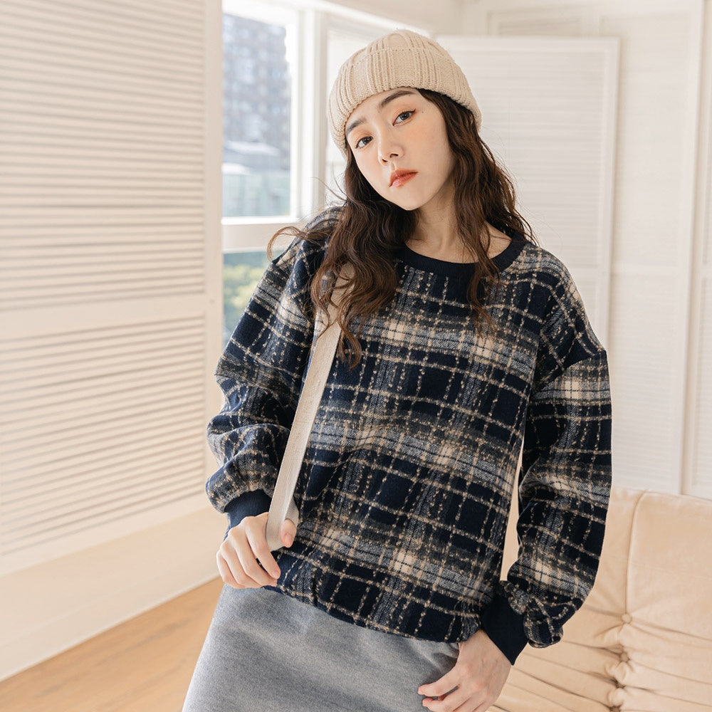 Loose Fit Warm Woolen Plaid Drop Shoulder Sweatshirt