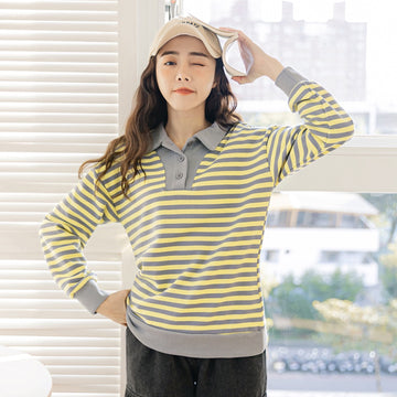 Polo Collar Striped Long Sleeve Sweatshirt Top