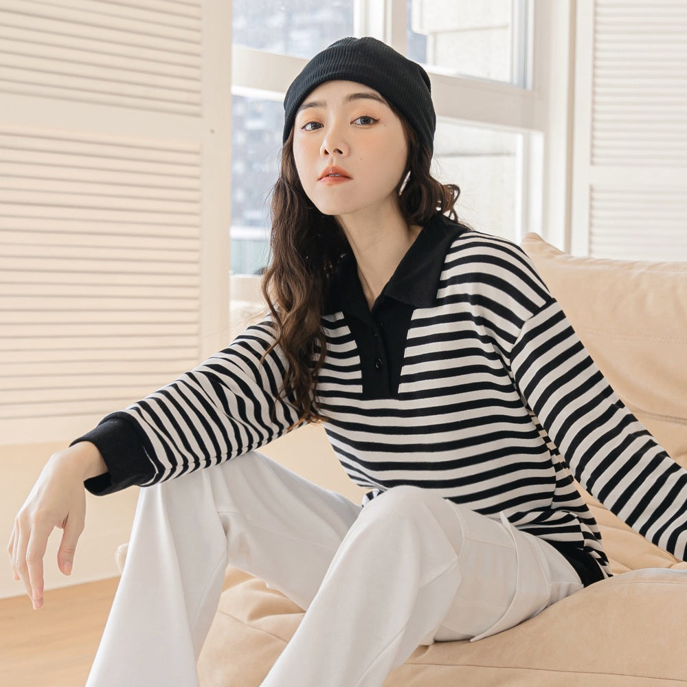 Polo Collar Striped Long Sleeve Sweatshirt Top