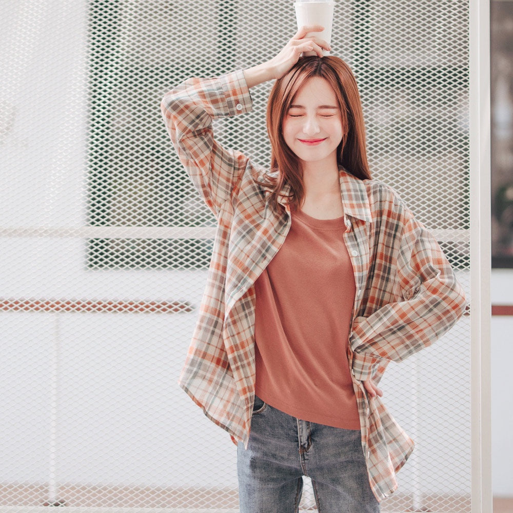 Faux Two Piece Plaid Long Shirt Top AB13648