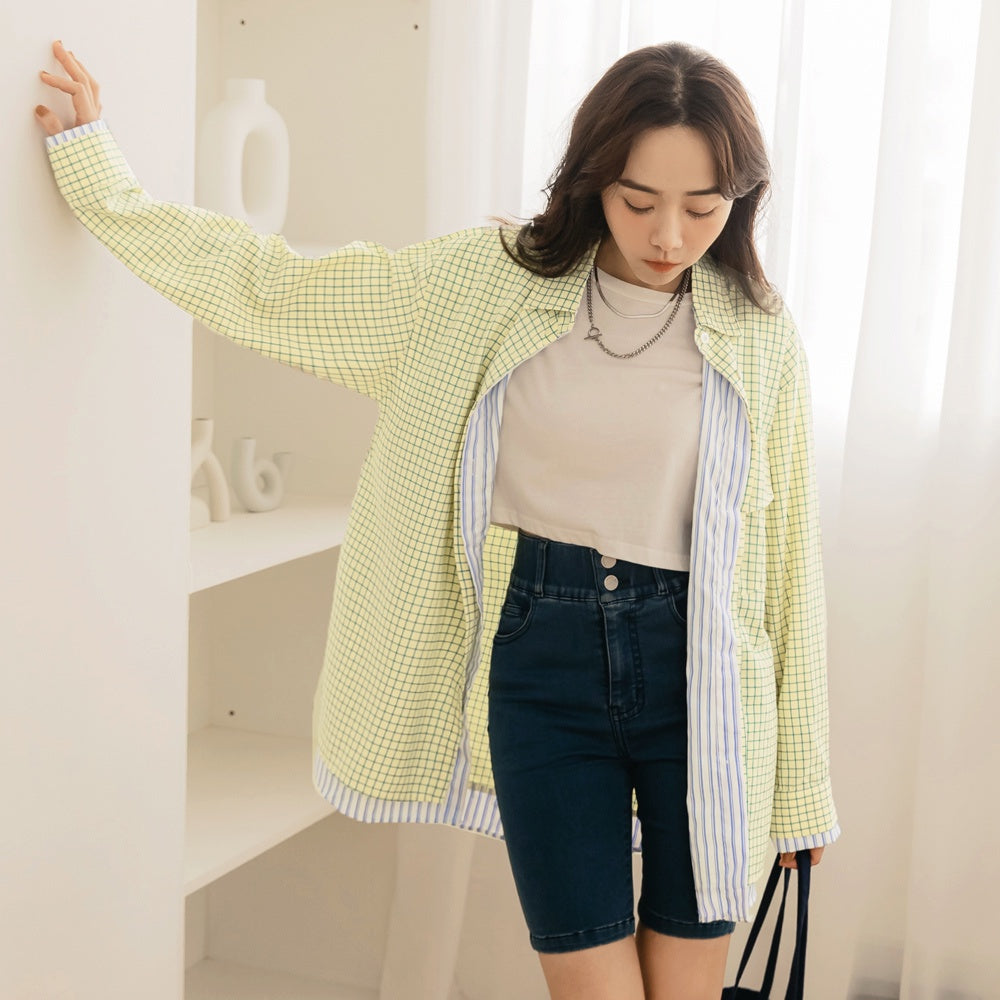 Faux Two-Piece Plaid Long Shirt Top
