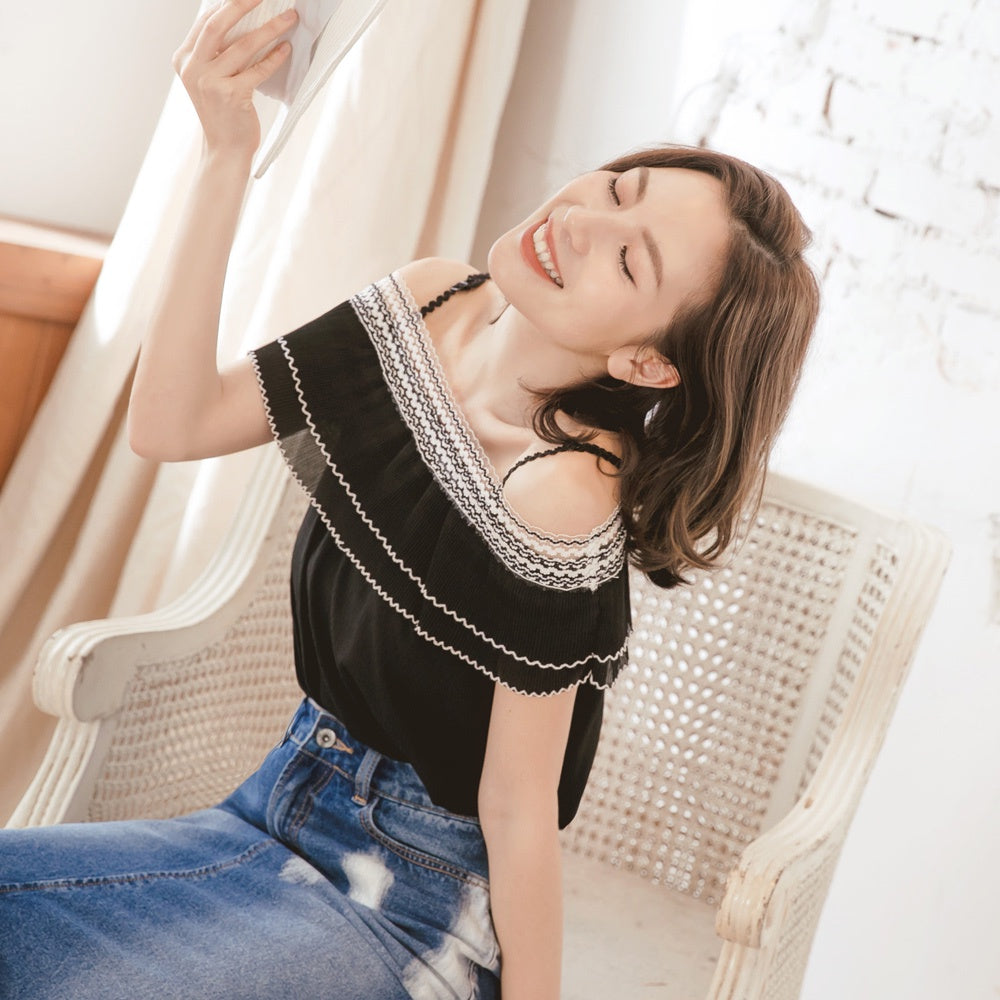 Korean Pleated Ruffle Lace Off Shoulder Top