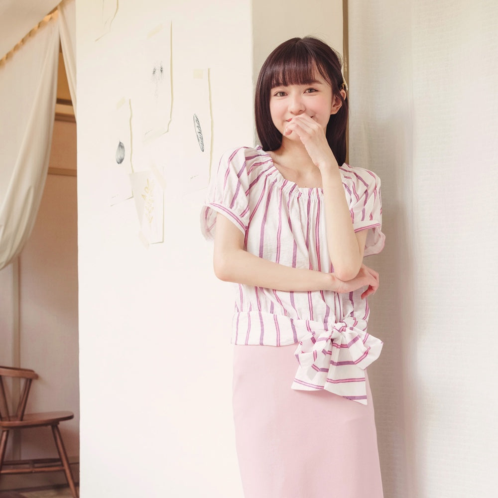 Korean Off Shoulder Hem Striped Print Top