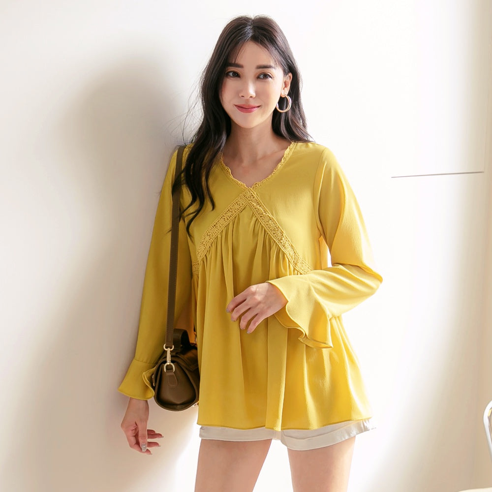 Korean Eyelet Lace V-neck Pleated Ruffle Long Top