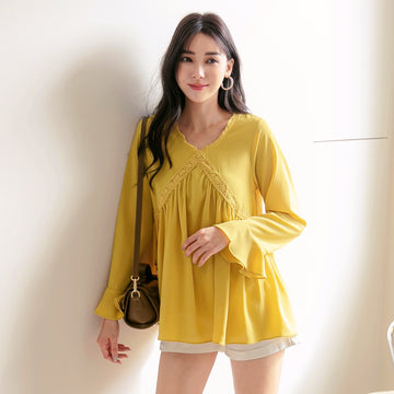 Korean Eyelet Lace V-neck Pleated Ruffle Long Top