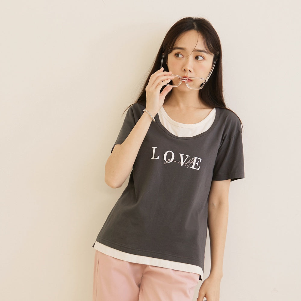 Korean Casual Two Piece Love Print Cotton T-Shirt Top