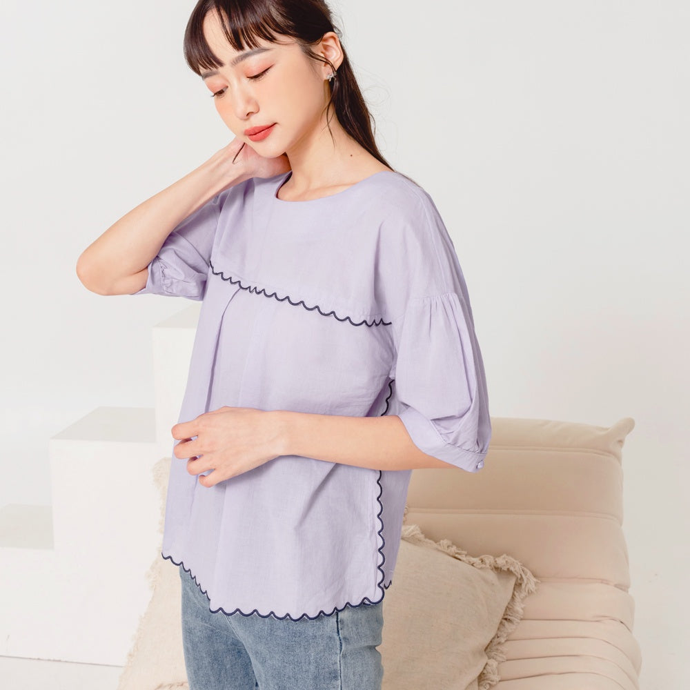 Embroidery Pleated Puff Sleeve Top