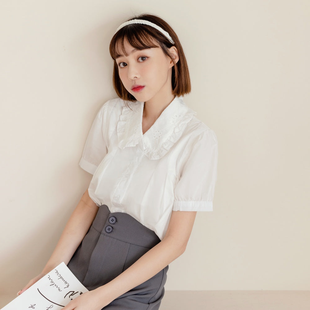 Eyelet Lace Doll Collar Puff Sleeve Shirt Top