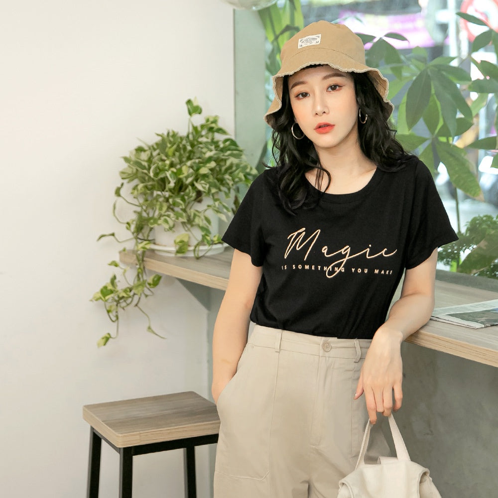 Basic  English Letter Print Short Sleeve T-Shirt Top