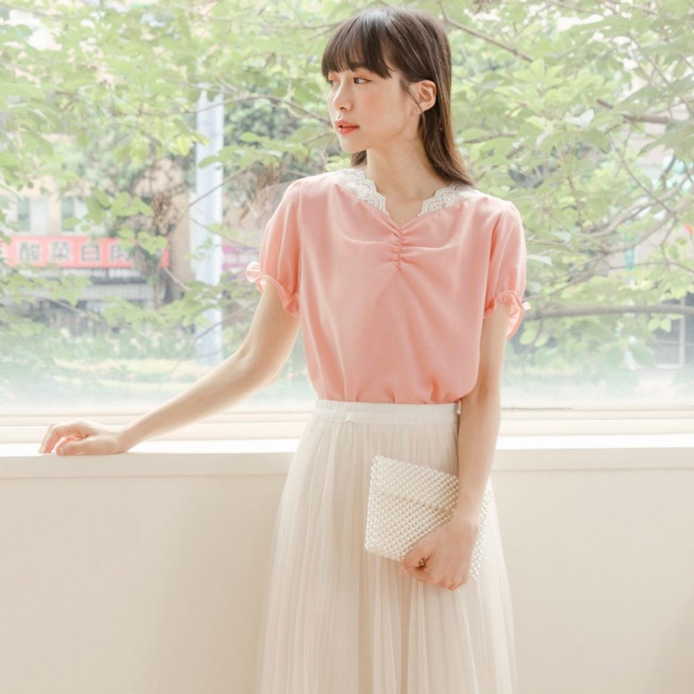 Eyelet Lace Embroidery Ruched Puff Sleeve Top