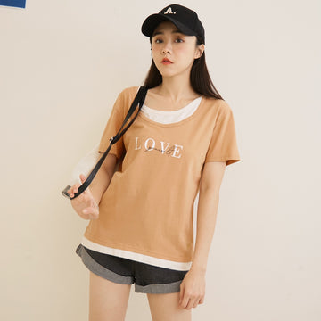 Korean Casual Two Piece Love Print Cotton T-Shirt Top