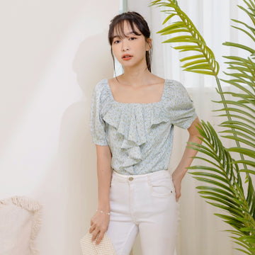 Casual Ruffle Floral Print Short Sleeve Blouse Top